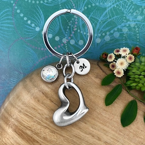Modern Heart Keychain, Women&#39;s Gifts, Personalized Initial, Optional Crystal Charm, Love Heart gift