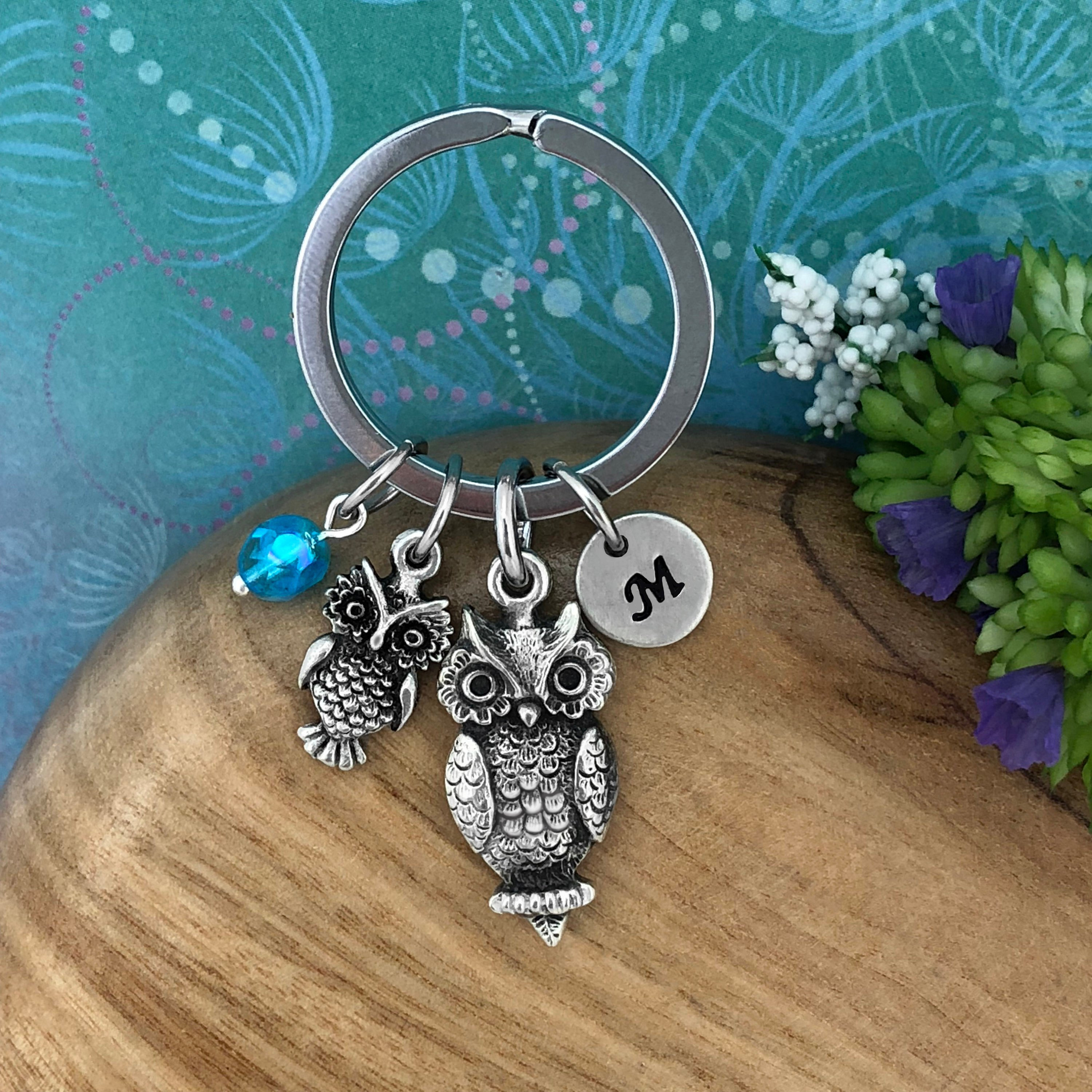 Owls Keychain, Mother & Baby Owl, Personalized Initial, Optional Natural Gemstone Charm,New Mom 
