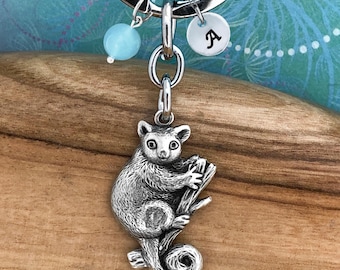 Possum Keychain, Personalized Initial Charm, Optional Gemstone Charm, Handmade Genuine Solid Pewter