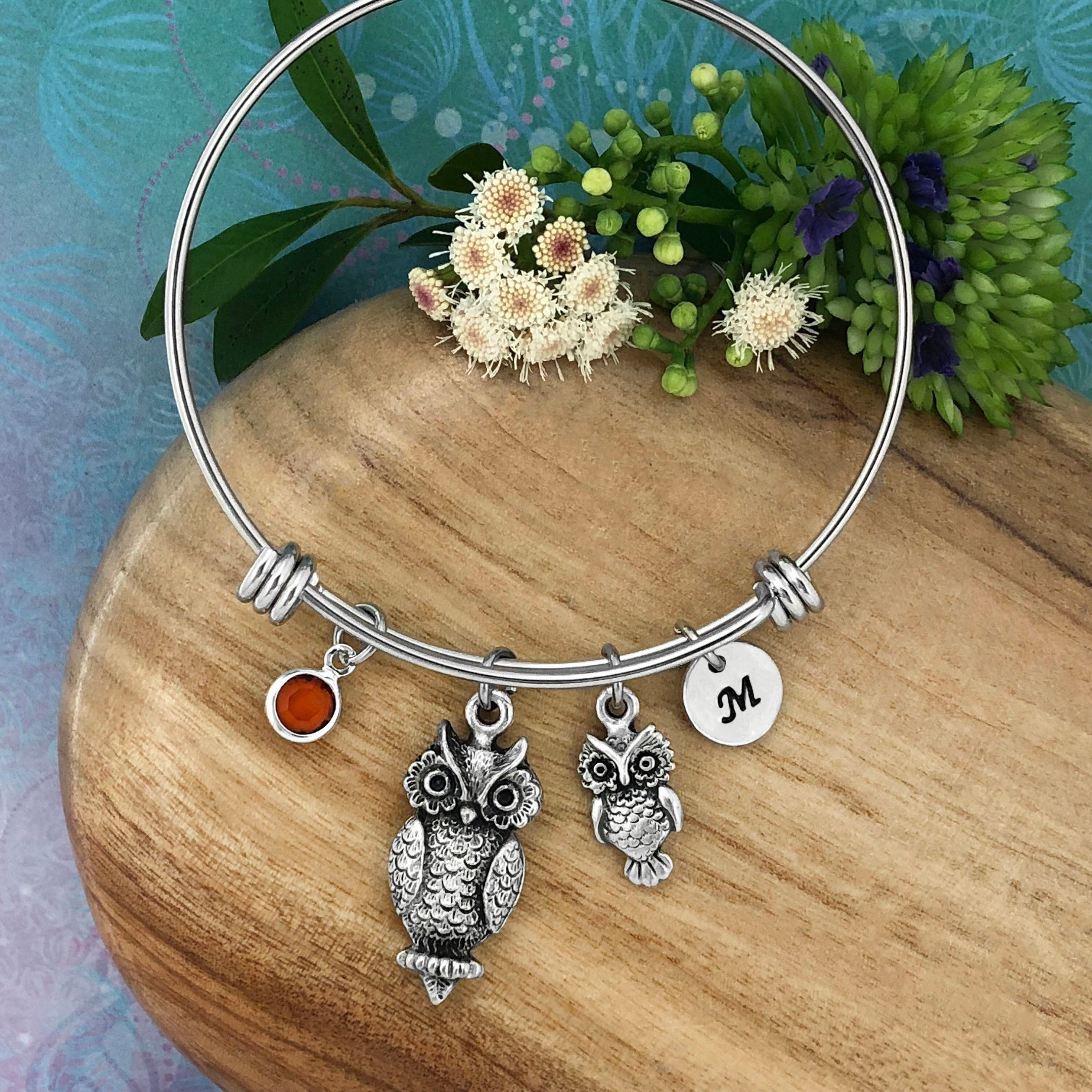 Owls Mother & Baby, Adjustable Bangle, Crystal Birthstone, Personalised Hand Stamped initial, Mo