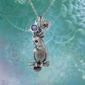 May include: A silver necklace featuring a detailed cockatoo charm, a purple gemstone, and a silver charm with the letter "M" hanging from it.
