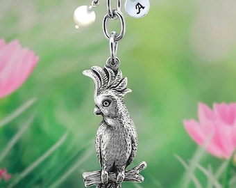 Cockatoo Keychain, Personalised Initial Charm, Bird Keyring, Optional Natural Gemstone Charm, Australian Gift