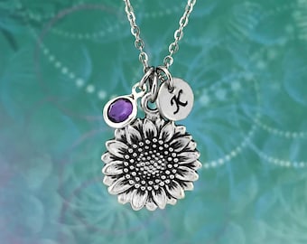 Sunflower Necklace, Personalized Initial,Sunflower Jewelry, Optional Crystal Birthstone,Handmade Solid Pewter