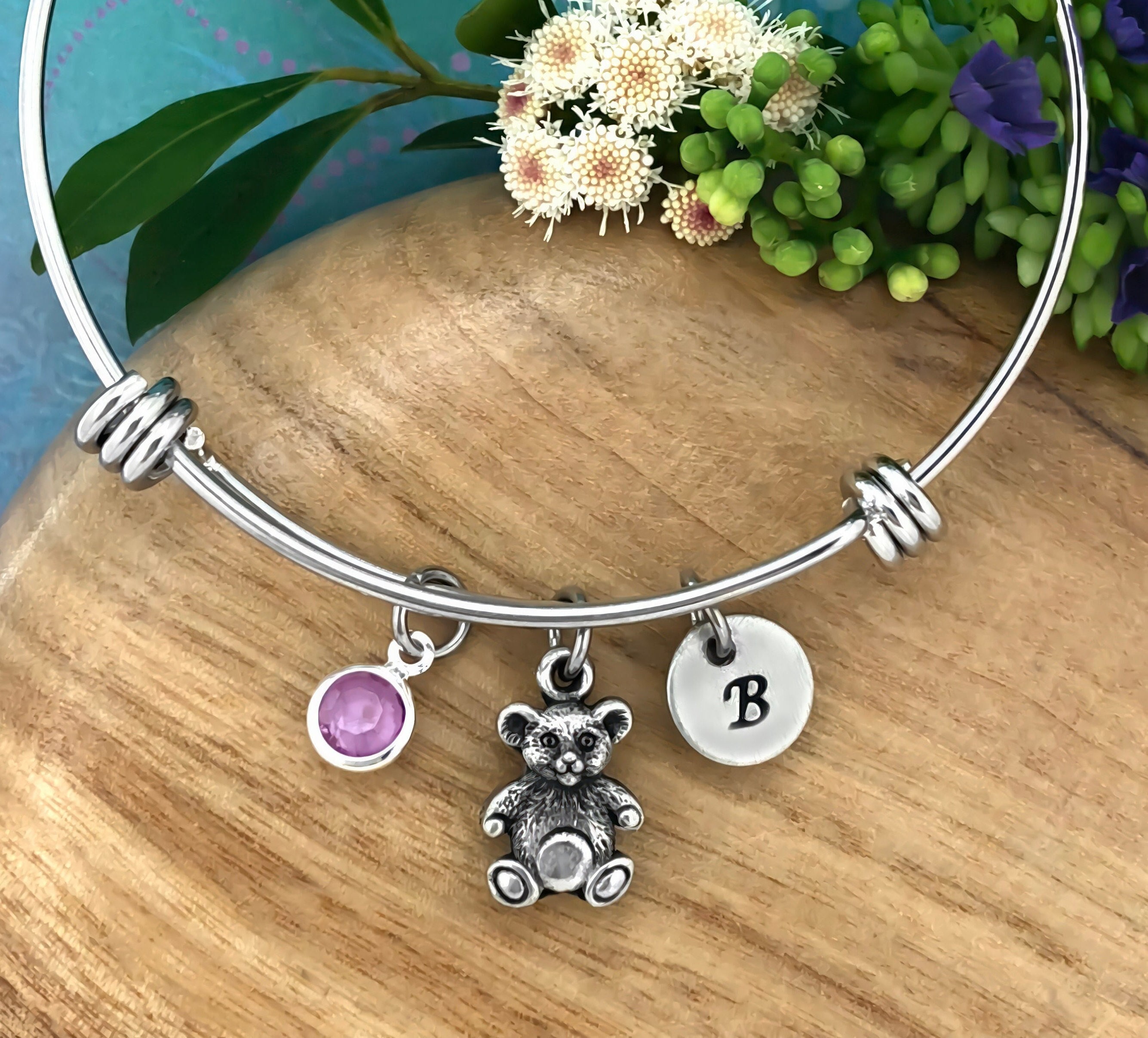 Teddy Bear Bracelet, Teddy Bear Jewelry, Adjustable Bangle, Crystal Birthstone, Personalized Hand Stamped initial, Animal Jewelry