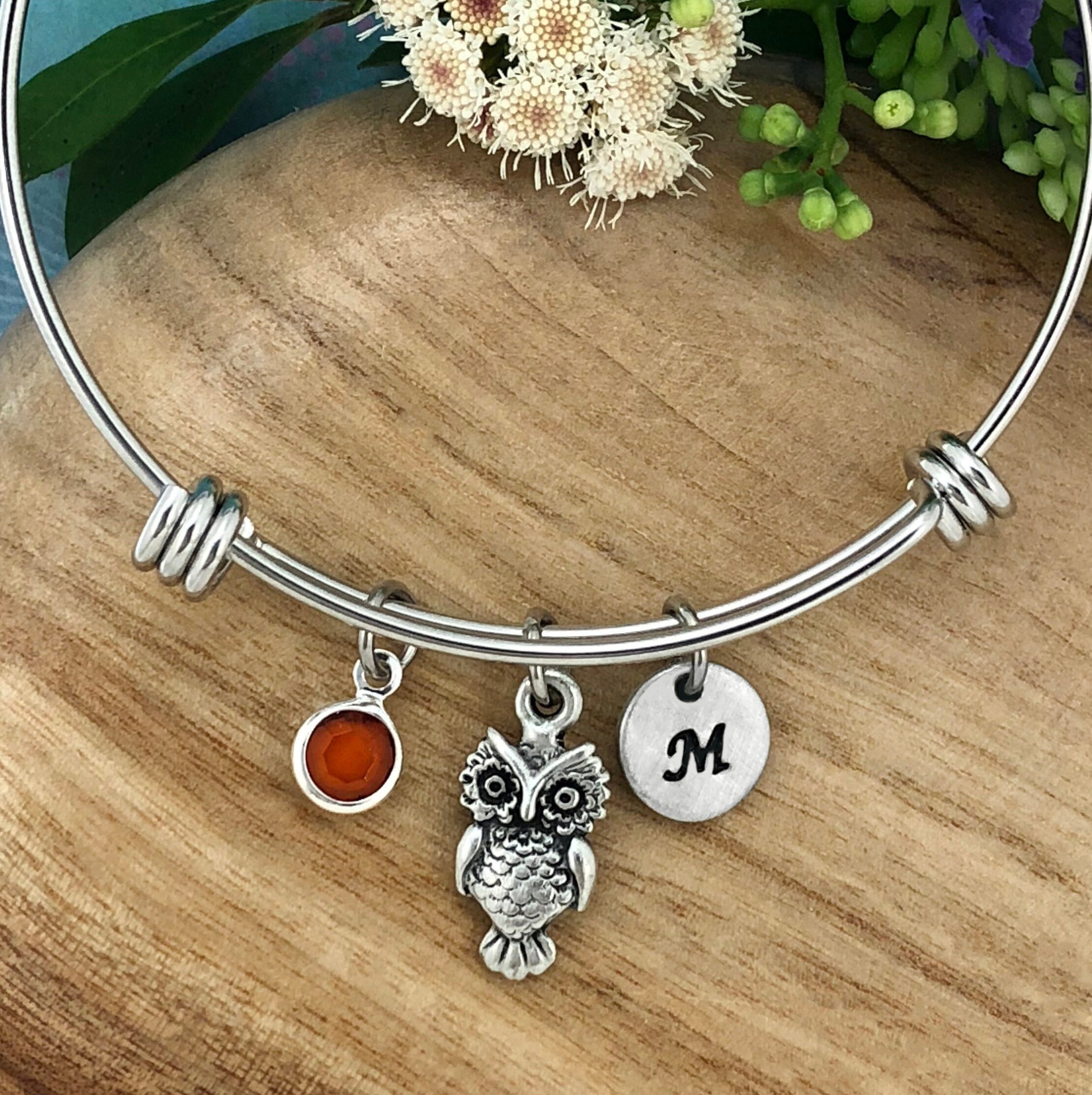 Owl Bracelet, Owl Jewelry, Adjustable Bangle, Crystal Birthstone, Personalised Hand Stamped initial,