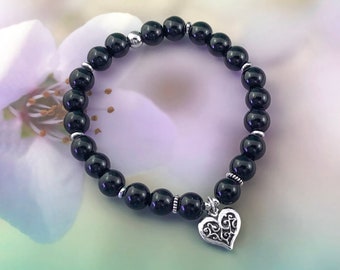 Black Tourmaline Bracelet with Love Heart Charm, Black Tourmaline Jewellery, Gift for Her, Valentines day gift, Beaded bracelet