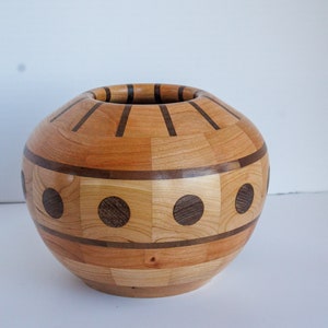 Decorative 8 inch Cherry and Walnut Wood Segmented Bowl
