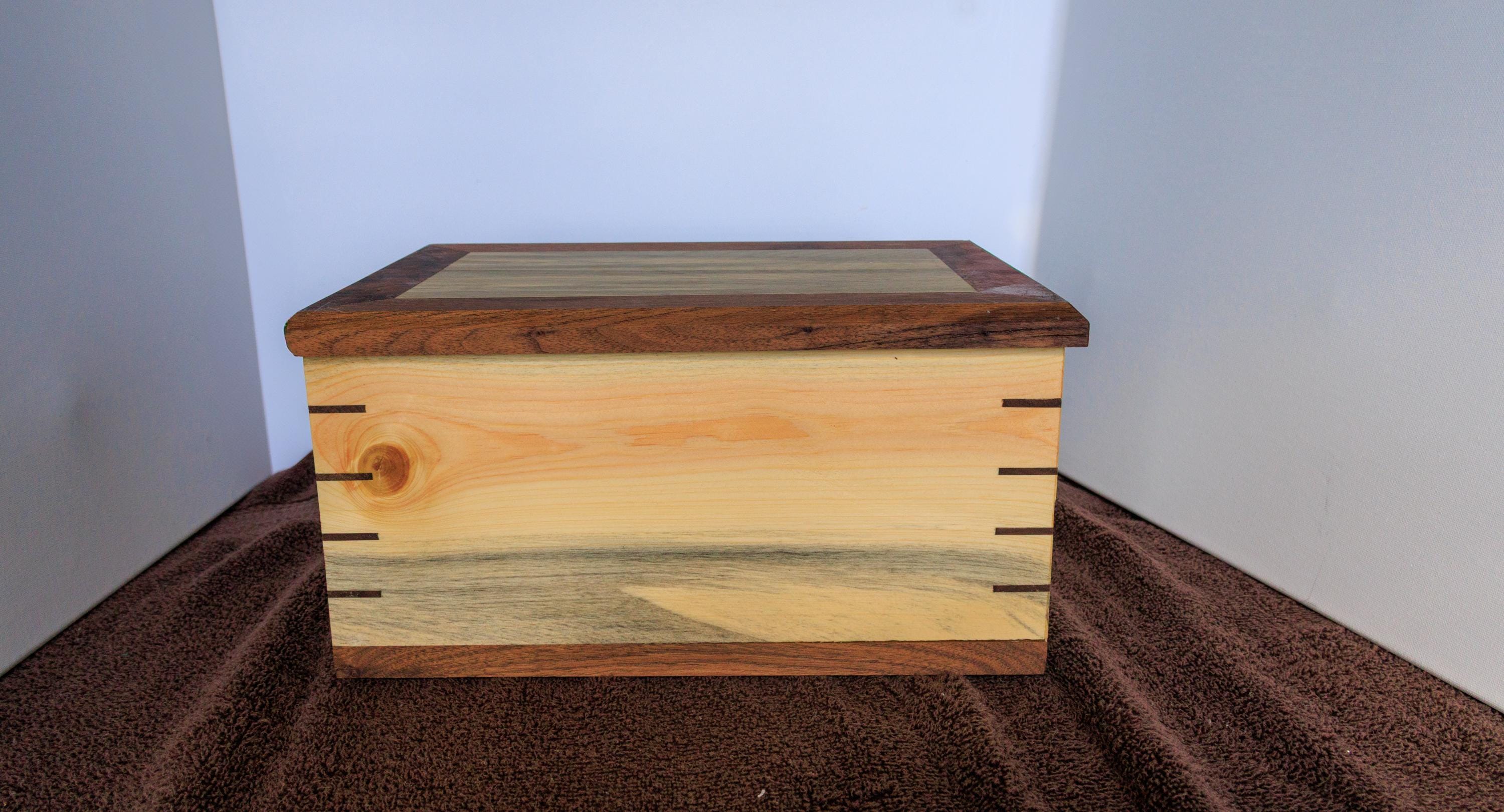 Special Keepsake Blue Pine and Walnut Wood Box with Removable Dividers plus 4 coasters