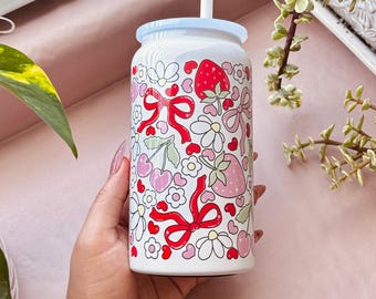 Insulated Tumbler 16oz Iced Coffee Cup, Coquette Drinkware, Strawberry Cherry Daisy Flower Bow