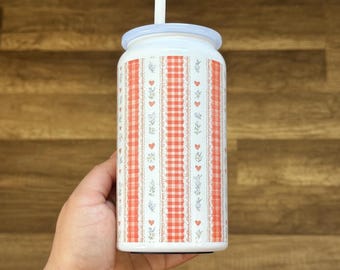 Vintage Floral Gingham 16 oz Stainless Steel Tumbler, Feminine Cottagecore Gift