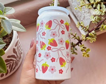 Strawberry Bow Tumbler 16oz Coquette Floral Drinkware Iced Coffee Cup