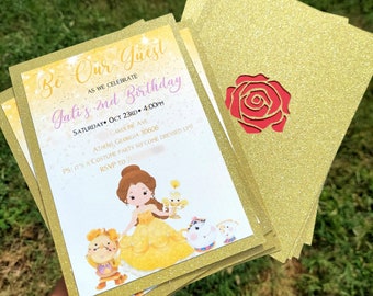 Belle invitation, 12 pc Beauty and the beast princess invitation, belle invitation, princess birthday party. Packet of 12