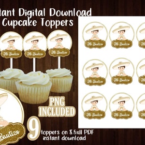 Gold Bautizo Charro cupcake toppers, digital cup cake topper, Digital stickers, charro Mexican topper, Bautizo toppers, Gold charro