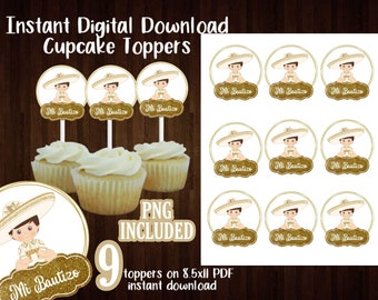 Gold Bautizo Charro cupcake toppers, digital cup cake topper, Digital stickers, charro Mexican topper, Bautizo toppers, Gold charro