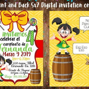 May include: A digital invitation for a 4th birthday party. The front of the invitation features a yellow bow with red and green accents, a cartoon girl with glasses, and the text "Te invitamos a celebrar el cumpleaños de Fernanda Marzo 9 2019 3pm-6:30pm". The back of the invitation features a cartoon girl with glasses standing on a barrel, a cartoon boy with a green hat standing on a barrel, and the text "No se Pierdan mi Cumple! Eso Eso Eso".
