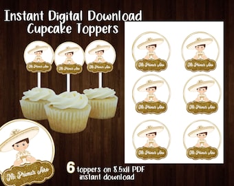 May include: Six printable cupcake toppers featuring a boy wearing a traditional Mexican outfit and a sombrero. The toppers are decorated with gold glitter and the text "Mi Primer Ano".