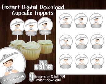 Silver Bautizo Charro cupcake toppers, digital cup cake topper, Digital stickers, charro Mexican topper, Bautizo toppers, Silver charro