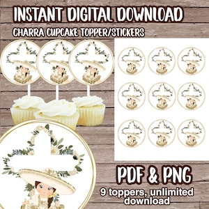 Bautizo Charra digital cup cake topper, charra decor topper, baby charra, first birthday, fiesta, bautizo, communion