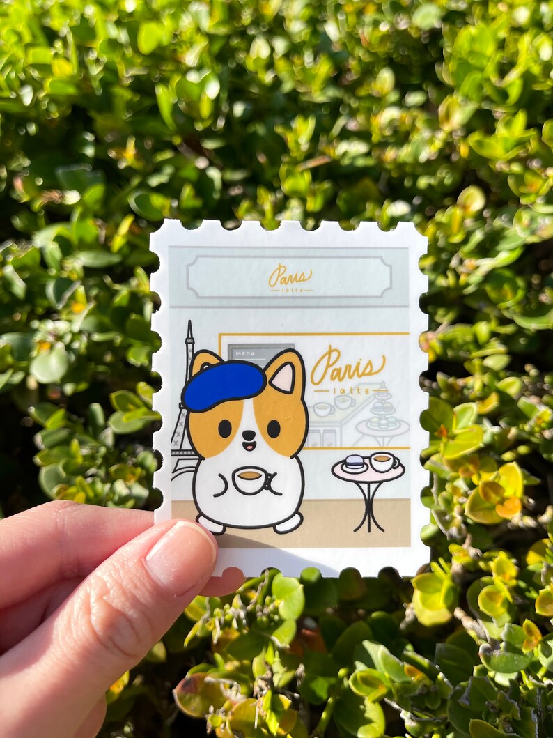Corgi Cafe Paris Stamp Vinyl Sticker