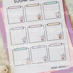 May include: A printable sheet of nine blank squares with a grid pattern. Each square has a decorative border and a small cartoon image of a boba tea cup with a heart. The sheet is titled "BOBA GRIDS" at the bottom.