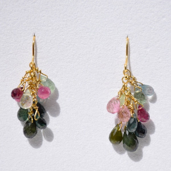 Boucles d'oreilles en grappe de tourmaline, boucles d'oreilles or tourmaline pastèque tourmaline rose cristal tourmaline verte, boucles d'oreilles élégantes cadeau pour femme