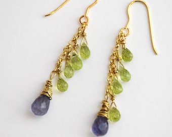 Kyanite Peridot Gemstone Earrings: Gold Wire Wrapped Dangle Earrings