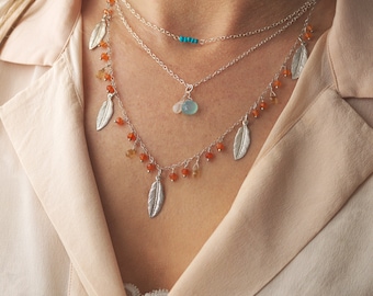Handmade Sterling Silver Carnelian & Citrine Leaf Necklace, Boho Necklace