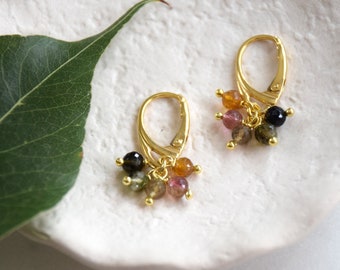Boho Handmade Watermelon Tourmaline Earrings: Gold Filled Lever Backs