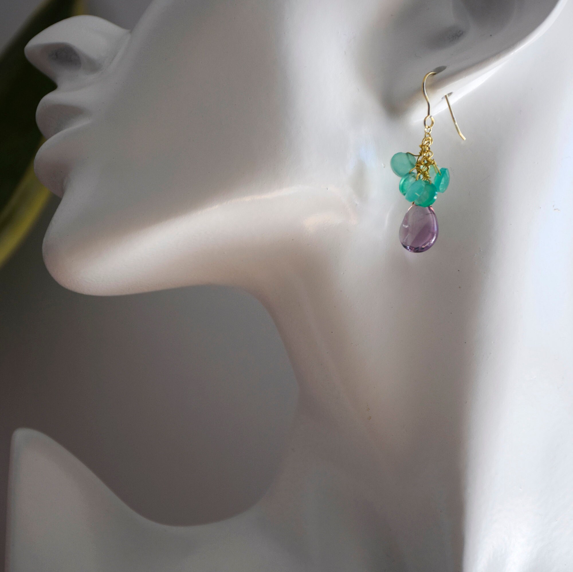 アメジスト＆グリーンオニキス ジェムストーン クラスター イヤリング