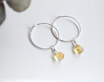 Citrine Hoop Earrings - Silver Crystal Hoops - Citrine Briolette Earrings - Birthstone Gift, Gemstone  Earrings Gift for her