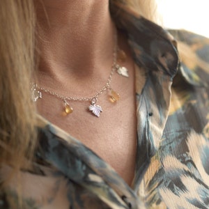 Citrine Fringe Leaf Necklace, Unique Gemstone Choker Necklace, Chakra Healing Necklace, Sterling Silver Handmade Christmas Jewellery Gift