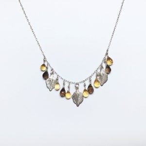 Citrine & Smokey Quartz Necklace: Sterling Silver Leaf Boho Gemstone Fringe