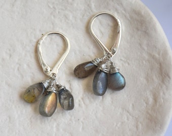 Labradorite Cluster Earrings, Sterling Silver Lever Back Earrings, Gemstone Earrings Gift for Woman,Birthstone Valentines Day Handmade Gift