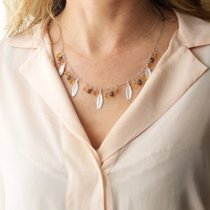Citrine & Smokey Quartz Necklace: Sterling Silver Leaf Gemstone Necklace