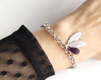 Unique Amethyst Bracelet with Chunky Sterling Silver Chain - Birthstone Crystal Healing  Leaf Bracelet, Statement Jewellery Gift for Her