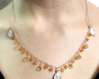 Carnelian & Citrine Gemstone Necklace: Sterling Silver Leaf Charm