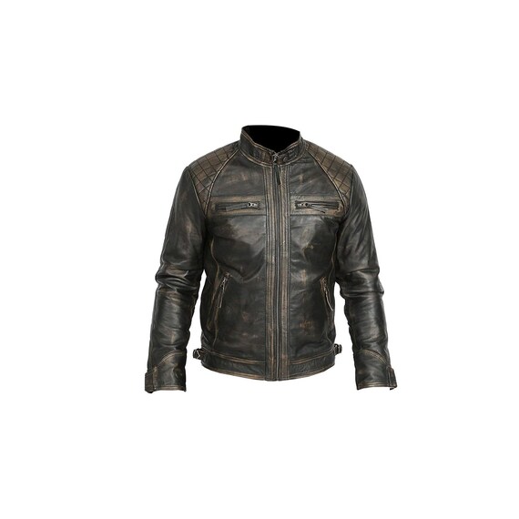 Mens Brown Biker Retro Vintage Motorcycle Racer Danger Bone Leather Jacket