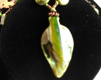 Leaf necklace with green and bronze beads, matching earrings