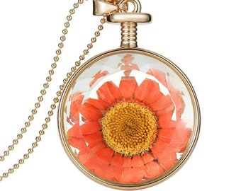 Lovely jewelry 18K White or Yellow Gold options Real Pressed Dried Flower Necklace in Orange color Autumn Fall color Silver Gold Ball chain