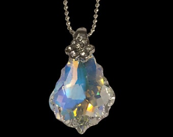 Swarovski Sterling Silver Bellagio Pendant Necklace, Baroque.  Electra, Clear, Aurora Borealis 925 stamped silver chain  Popular Gift