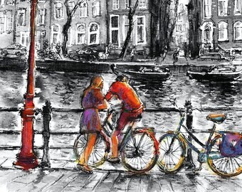 Amsterdam Romantic Couple Bicycles Watercolor Print – Canal Scene Wall Art