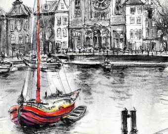 Amsterdam Red Boat Watercolor Giclée Print