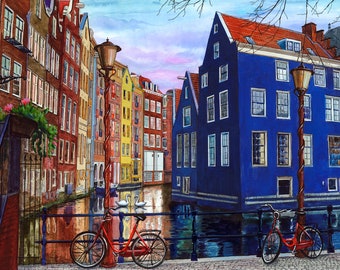 Amsterdam Swans Watercolor Print, Canal Scene