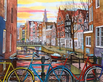 Amsterdam Canal Watercolor Print | Three Bicycles
