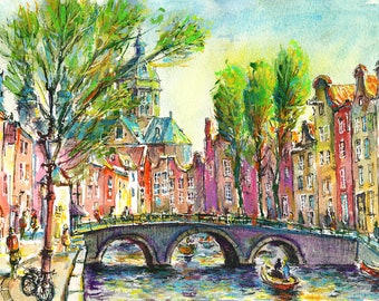 Amsterdam Canal Watercolor Print, De Wallen Giclee Art