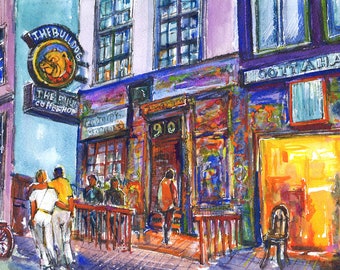Amsterdam Bulldog Coffeeshop Watercolor Print – Igor Art, Cityscape Painting