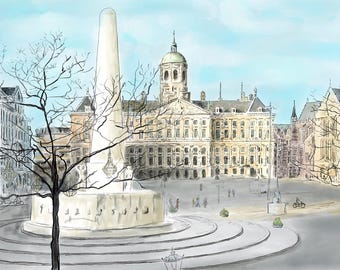 De Dam Amsterdam Watercolour Print – Royal Palace, Monument, Cityscape Art