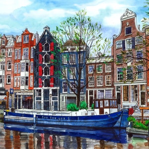 May include: A watercolor painting of a canal in Amsterdam, Netherlands. The canal is lined with colorful brick buildings with red-trimmed windows. A blue boat is docked in the canal. The painting is done in a realistic style.