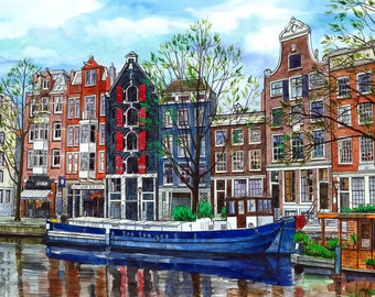 Amsterdam Canal Houseboat Watercolor Print, Igor Art, Cityscape Wall Decor (Giclee Print)