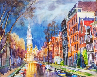 Amsterdam Church Watercolor Print, Canal View Giclée